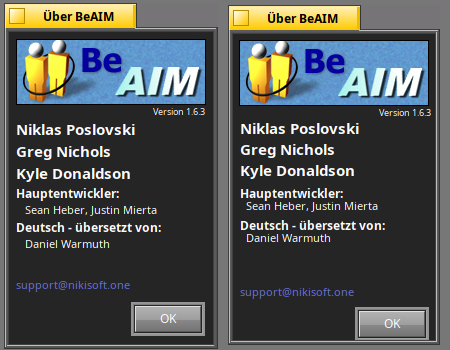 Today I started the rewrite to using the LayoutKit with the AboutBox, which is probably the easiest window. Of course it took me some hours to get into how that all works, but I'm quite happy with the results. You can barely notice any difference, but the little differences that exist make the new version better, I'd say. Also, it does now scale properly with HiDPI as I replaced all hardcoded font sizes with calculations based on the users font size preference. Left is new, right is old.