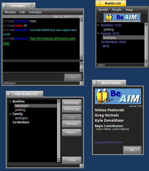 That one took me some time (and christmas time is usually quite busy for me), but BeAIM does now fully support Haikus system colors. It looks great in dark mode! Text formatting still works fine with it, only black text is overwritten to B_DOCUMENT_TEXT_COLOR to avoid unreadable text.