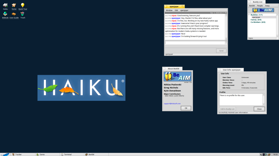 Currently working on reviving good old BeAIM. Finally we have native instant messaging on Haiku again, like in the good old days. Doesn't that look nice?